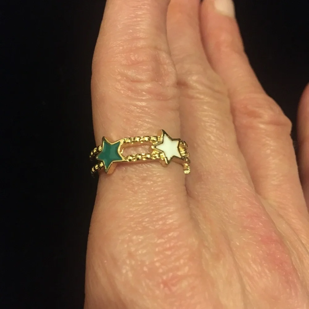 Gold Tone Star Ring with Green and White Accents